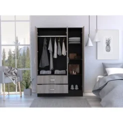 FM Furniture Florencia S Mirrored Bedroom Armoire, With Two Cabinets, Two Drawers And Divisions - Black/Light Gray -Bed Frame Shop 001be6c4 b71d 498a b327 1d4ab2e3365e