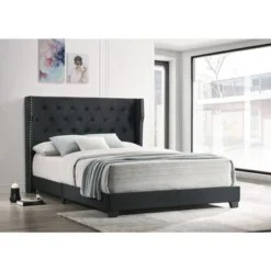 Best Quality Furniture Upholstered Panel Bed Tufted With Side Studs - Black - Queen