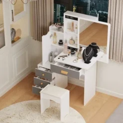 Makeup Vanity Set With Mirror And Stool - Black -Bed Frame Shop 0280dfde 8584 4f04 a949 8ff75b40cba7