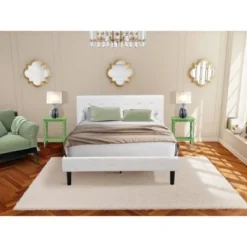 3 Piece Bedroom Set - 1 Wood Bed Upholstered White Velvet Fabric And 2 Night Stands - Clover Green Finish Nightstand - NL19Q-2BF12