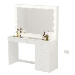 Boahaus Serena Lighted Vanity With Glass Top (White) - White-Crystal Knobs -Bed Frame Shop 05cec7fa 7e36 4729 b569 44b4cac5442c