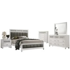 Leatherette Upholstered Queen Panel Bedroom Set In White And Grey - 4 Piece -Bed Frame Shop 05dcc62a cac7 4a63 a80a 6a9f93dab192