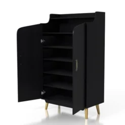 DH BASIC Chic Mid-Century Modern Black With Gold 15-Pair Double-Door Shoe Cabinet By Denhour - No Drawers -Bed Frame Shop 06397fbe 489f 407d 9f40 5b6ec55ed5f0