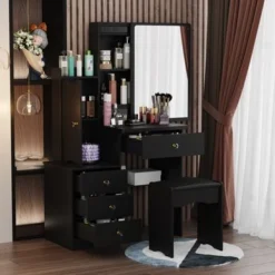 Makeup Vanity Set With Mirror And Stool - Black -Bed Frame Shop 069c397b 1923 4b49 8b10 632c4bc3ff6c