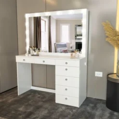 Boahaus Dressing Table, Light Bulbs, White, Mirror, 07 Drawers - White-Gold Knobs -Bed Frame Shop 07119070 3a37 40b6 b3b2 9fa5bd20bc91