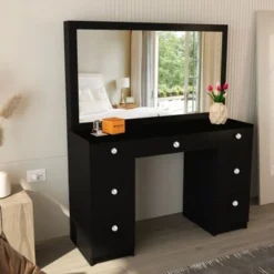 Boahaus Artemisia Modern Vanity, Black, Wide Mirror, 07 Drawers - Black-Gold Knobs -Bed Frame Shop 0837dc7e 1608 4716 bd61 7a7e71b79992