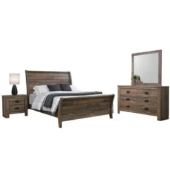 Wooden Queen Bedroom Set In Weathered Oak - 4 Piece
