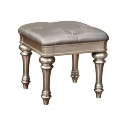 Wooden Vanity Stool With Turned Legs And Leatherette Upholstered Seat, Silver - Silver