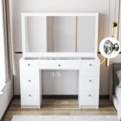 Boahaus Venus Modern Vanity, Glass Top, 07 Drawers - N/A - Black-Crystal Ball Knobs -Bed Frame Shop 097be166 4860 4edc a7e7 d98309241187