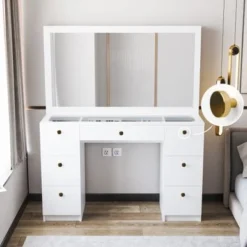 Boahaus Venus Modern Vanity, Glass Top, 07 Drawers - N/A - White-Crystal Knobs -Bed Frame Shop 0a9be314 0e9b 4d7d b06f 83856f653c08