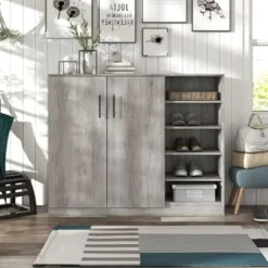 DH BASIC Farmhouse Vintage Grey Oak 10-Shelf Shoe Cabinet By Denhour - Vintage Grey Oak - No Drawers -Bed Frame Shop 0ab009fa 5afa 4f35 85d4 ce04bc36cc5d