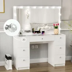 Boahaus Yara Lighted Vanity With Glass Top (White) - White-Crystal Knobs -Bed Frame Shop 0d68bd38 7dd3 4c65 9759 65c594131429