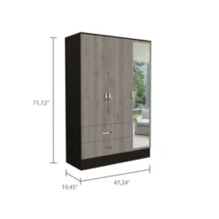 FM Furniture Florencia S Mirrored Bedroom Armoire, With Two Cabinets, Two Drawers And Divisions - Black/Light Gray -Bed Frame Shop 0da6eeb4 3765 4f17 8cb3 5827f0b17428