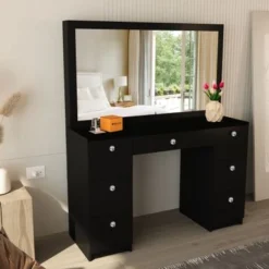 Boahaus Artemisia Modern Vanity, Black, Wide Mirror, 07 Drawers - Black-Crystal Ball Knobs -Bed Frame Shop 0e2764a6 d5e2 485c 9eca 80e00730c1b1