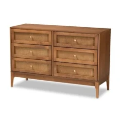 Baxton Studio Ramiel Mid-Century Modern Ash Walnut Finished Wood And Rattan 6-Drawer Dresser - Natural Brown, Gold