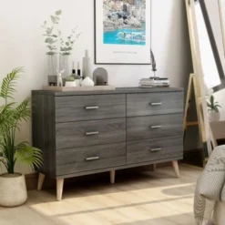 DH BASIC Mid-Century Modern Distressed Grey 47-inch Wide 6-Drawer Dresser With Bar Pulls By Denhour - Grey - 6-drawer -Bed Frame Shop 14ccc556 ab6d 4c87 8346 24e533d1672a