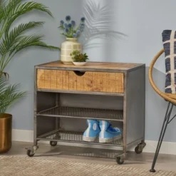 Gieke Industrial Handcrafted Mango Wood Shoe Rack By Christopher Knight Home - Natural + Gray