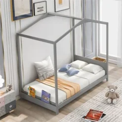 Merax Twin Size House Platform Bed With Headboard - Grey