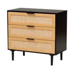 Baxton Studio Maureen Mid-Century Modern Espresso Brown Wood And Rattan 3-Drawer Cabinet - Espresso, Natural Brown