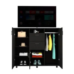 FM Furniture Sicilia Cabinet Dresser With 3 Doors, 2 Drawers, 6 Inner Shelves, Open Shelf, Hanging Rod, And Caster Wheels - Black -Bed Frame Shop 17f2dc29 3f71 425b 9902 bf544df2ba42