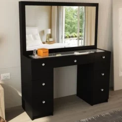 Boahaus Venus Modern Vanity, Glass Top, 07 Drawers - N/A - Black-Crystal Ball Knobs -Bed Frame Shop 19501984 bd69 4761 89ae 8c52e1557c69