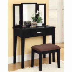 Wooden Vanity Set With 3 Sided Mirror And Padded Stool, Black - Black
