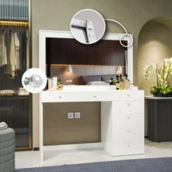 Boahaus Selene Dressing Table With LED Lights (White) - White-Crystal Ball Knobs -Bed Frame Shop 19e0af3e c117 4cae a243 49638f6be1ac