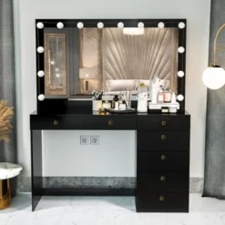 Boahaus Diana Vanity, Light Bulbs, Black, Wide Mirror, 7 Drawers - Black-Gold Knobs -Bed Frame Shop 1aa051fb 528b 43ee 8589 a0c289bcea22