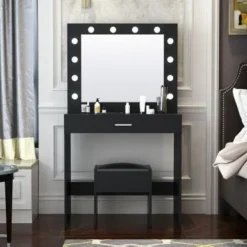 Modern Design Bedroom Makeup Mirror Dressing Table With Light And Stool,Black - Black - Black