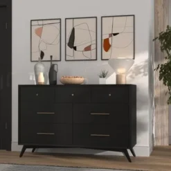 Alpine Furniture Flynn Mid Century Modern 7 Drawer Dresser, Black - Black - 7-drawer -Bed Frame Shop 1b0c690f 8a7f 4cc2 ac16 9c8338da228e
