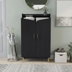 DH BASIC Chic Mid-Century Modern Black With Gold 15-Pair Double-Door Shoe Cabinet By Denhour - No Drawers -Bed Frame Shop 1c897cf2 0bb6 41e5 b7ee 7d264ab6dff9