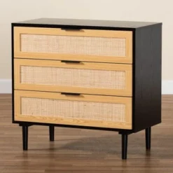 Baxton Studio Maureen Mid-Century Modern Espresso Brown Wood And Rattan 3-Drawer Cabinet - Espresso, Natural Brown -Bed Frame Shop 1d5b094f f7c1 46a4 9c9f f10b72bc6071