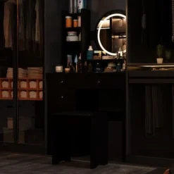 Home Makeup Dressing Table With Stool Vanity Set With Mirror & Lamp - Black