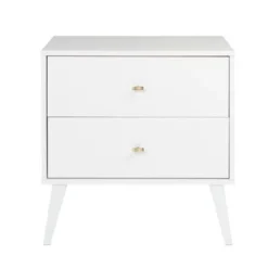 Prepac Milo Mid-Century Modern 2 Drawer Nightstand, Bedside Table, Contemporary Bedroom Furniture - White