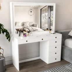 Boahaus Modern Vanity Table, White, 7 Drawers, Wide Mirror - White- Crystal Ball Knobs -Bed Frame Shop 219d3ad5 21f3 4d7d be84 aa947923c4cc
