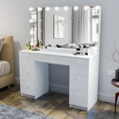 Boahaus Freya White 7-drawer Vanity Dressing Table With Lighted Mirror - White-Crystal Ball Knobs -Bed Frame Shop 24626f47 a2d2 42cd 92d7 e727d6976234