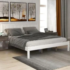 Nestfair Wooden Platform Bed With Headboard And Wood Slat Support - White - Queen