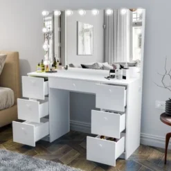 Boahaus Freya White 7-drawer Vanity Dressing Table With Lighted Mirror - White-Crystal Knobs -Bed Frame Shop 27833ca1 63d3 4d15 a7bf 00c7f516105e