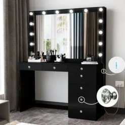 Boahaus Diana Vanity, Light Bulbs, Black, Wide Mirror, 7 Drawers - Black-Crystal Ball Knobs -Bed Frame Shop 284f74dd b101 4c65 9ba3 89495e6256eb