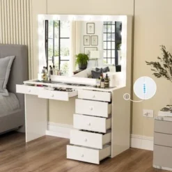 Boahaus Serena Lighted Vanity With Glass Top (White) - White-Crystal Knobs -Bed Frame Shop 29167eb2 3a00 4200 9912 72b6a4e5d80f