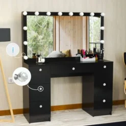 Boahaus Freya Vanity With Light Bulbs, 7 Drawers, Mirror, Black - Black-Crystal Ball Knobs -Bed Frame Shop 2955c9c1 9d27 4d88 b15b 7f9c2e4945d3