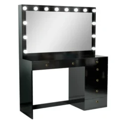 Boahaus Diana Vanity, Light Bulbs, Black, Wide Mirror, 7 Drawers - Black-Gold Knobs -Bed Frame Shop 2acbb003 cb7f 4d2a 9a81 5c031d169f9b
