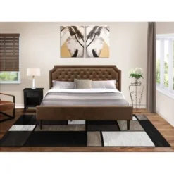 2PC Platform Bed Set - Bed With Dark Brown Faux Leather And Black Legs - A Wire Brushed Black Night Stand (Bed Size Options) - Full -Bed Frame Shop 2b18c2ac b73a 4158 aed9 d67ed9a88435