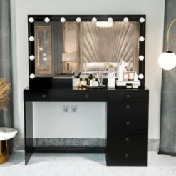 Boahaus Diana Vanity, Light Bulbs, Black, Wide Mirror, 7 Drawers - Black-Crystal Ball Knobs -Bed Frame Shop 2b2ba4ee 876d 4400 80b4 42497a403f34