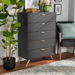 Baxton Studio Kelson Modern Dark Grey And Gold Finished Wood 5-Drawer Chest - Grey -Bed Frame Shop 2b3eb00b fb41 4e08 b0d4 ca3953532e75