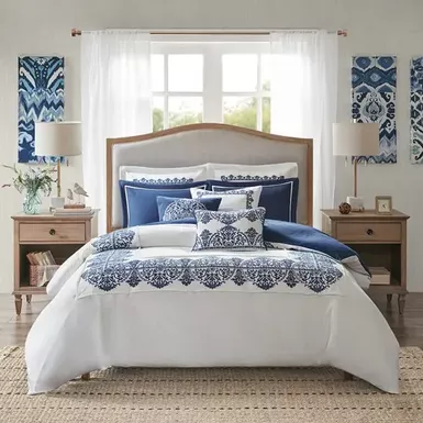Off White/Blue Indigo Sky Faux Linen Oversized Comforter Set King 3 Off White/Blue Indigo Sky Faux Linen Oversized Comforter Set King - Image 3