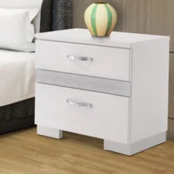 Nightstand With Three Center Metal Glide Drawers In White Gloss Finish - 3-drawer