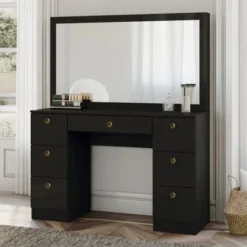 Boahaus Artemisia Modern Vanity, Black, Wide Mirror, 07 Drawers - Black-Gold Knobs -Bed Frame Shop 2c37457d 7fd8 4461 8f38 bbfd40fd9d62