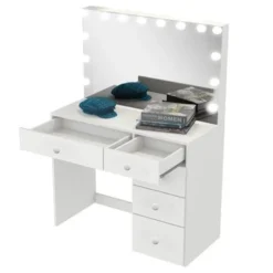 Boahaus Saranya Dressing Table, Light Bulbs, White - Silver -Bed Frame Shop 2cabc12a f14a 4820 a4a3 211b9cc21379