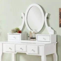 Roundhill Furniture Copper Grove Watt Wood Makeup Vanity Table And Stool Set - White -Bed Frame Shop 2efbc7fa 27b5 4b3d a4ad 5f98066b32df
